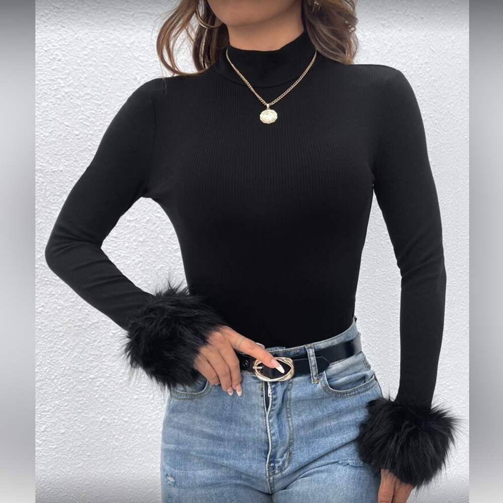 Elegant Black Fur Cuff Long Sleeve Top - Picture 2 of 6